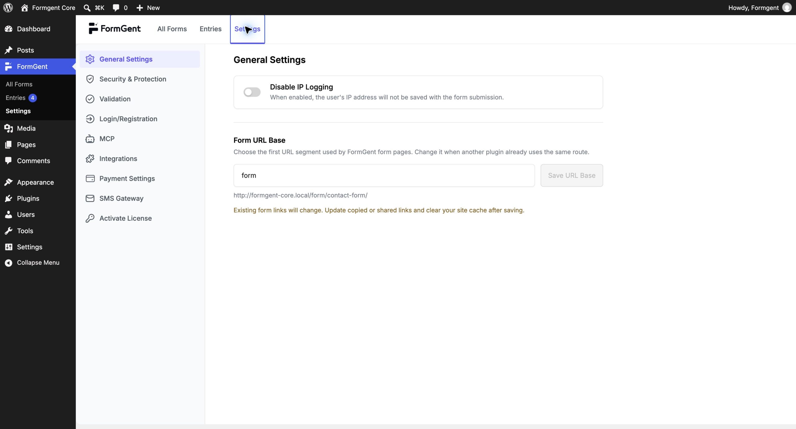 Configuring FormGent: First Steps 1 01 open formgent settings from the wordpress dashboard scaled