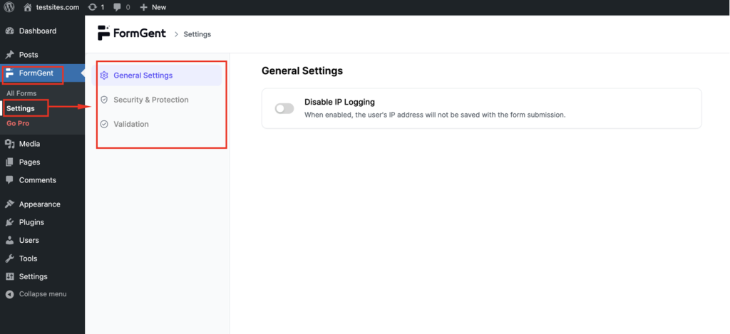 How to Create a T-shirt Order Form in Minutes Using AI-Form Builder 7 Once activated, go to FormGent settings to configure basic options, such as General Settings, Security & Protection, Validation, and Active License.