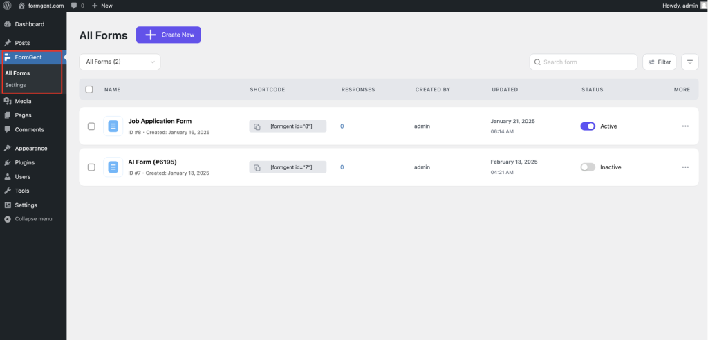 How to Create a T-shirt Order Form in Minutes Using AI-Form Builder 9 Navigate to the FormGent menu in your WordPress dashboard.
