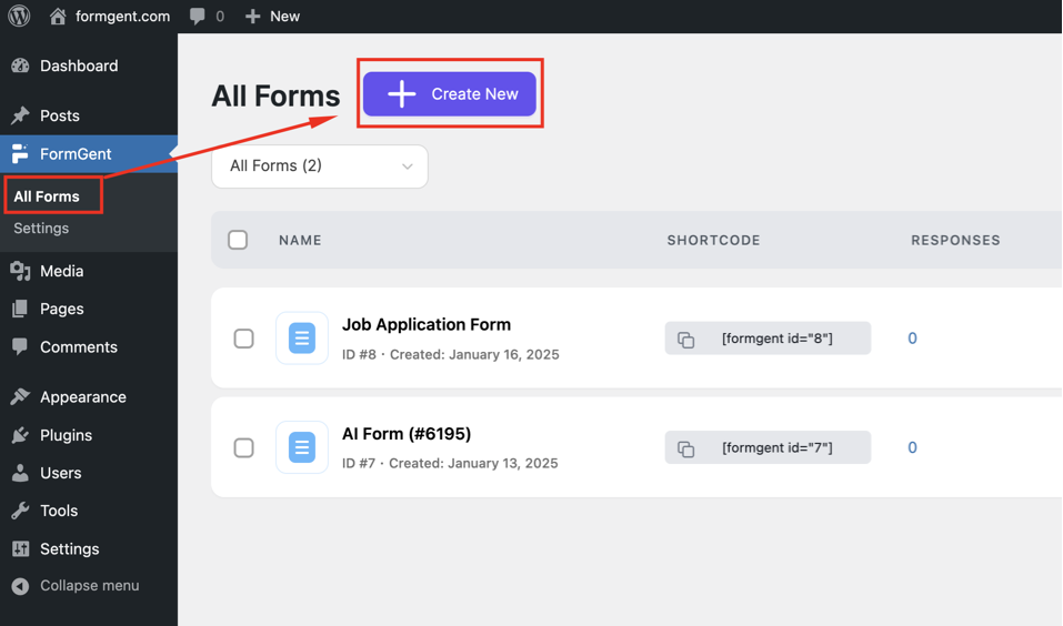 How to Create a T-shirt Order Form in Minutes Using AI-Form Builder 10 Click on "All Forms," then select "Create New" to start a new form.