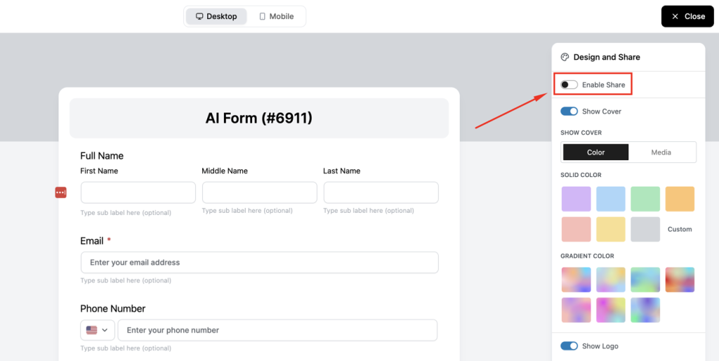 Enable Sharing – Activate "Enable Share" to allow access. [If Published]
