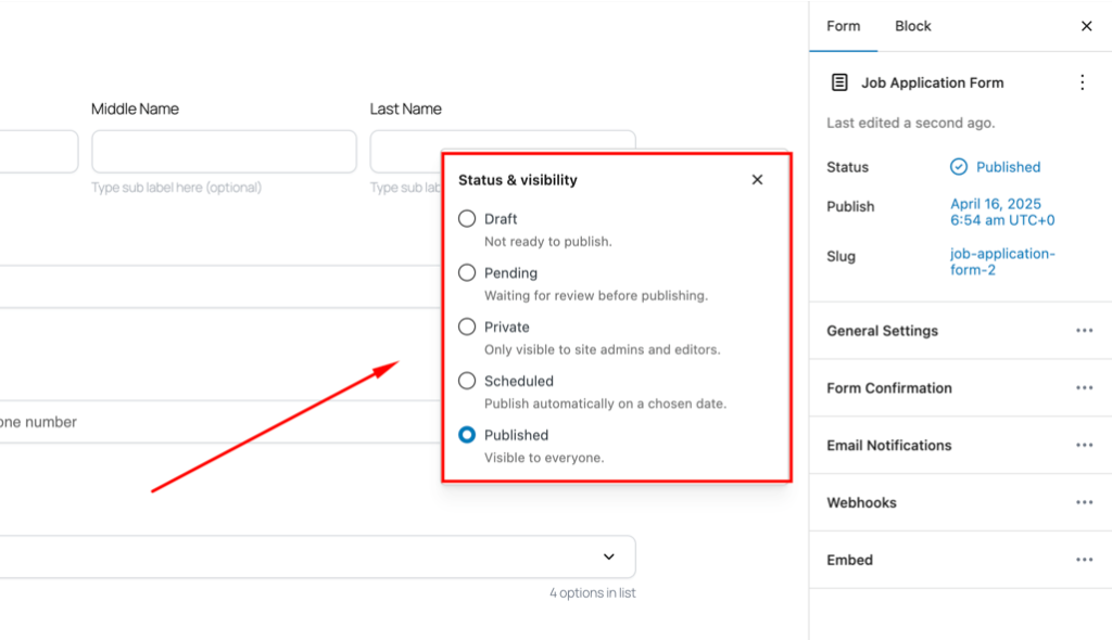 How to Create Application Forms in WordPress Using FormGent 29 Set Status – Choose from Draft, Pending, Private, Scheduled, or Published