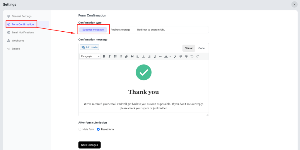 How to Create Application Forms in WordPress Using FormGent 23 In this window, you can customize the Success Message and Save changes.