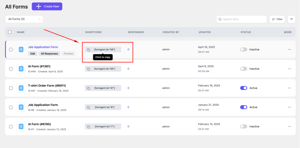 How to Create Application Forms in WordPress Using FormGent 32 Share & Embed – Copy the URL for sharing via email or social media, or use the FormGent shortcode to embed it on your WordPress site.