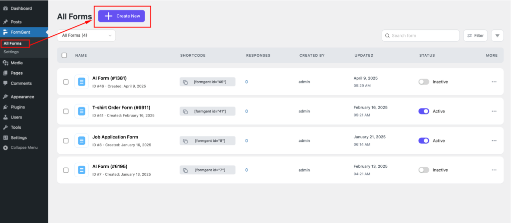 How to Create Application Forms in WordPress Using FormGent 10 Click on "All Forms," then select "Create New" to start a new form
