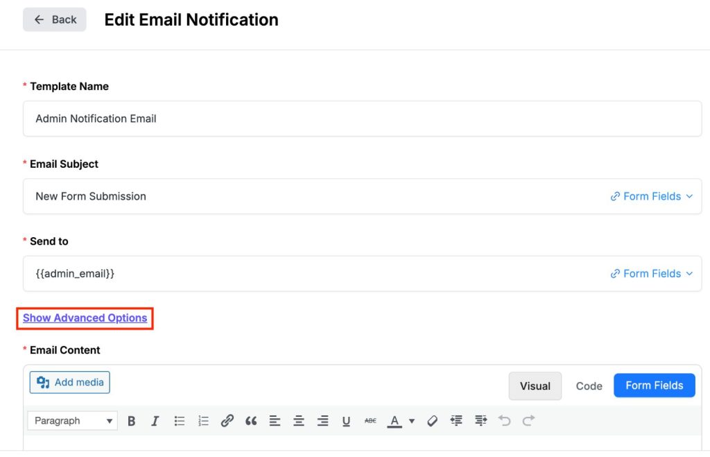 Single Form Setting 7 Advanced Options