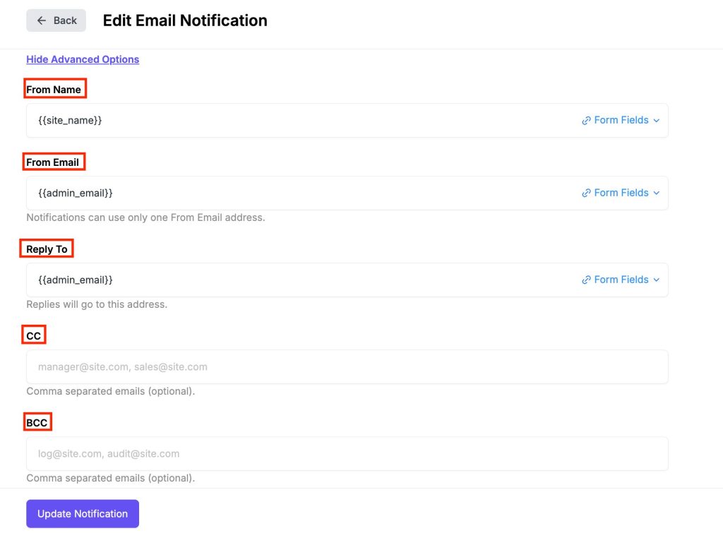 Single Form Setting 8 Email Notification Setting