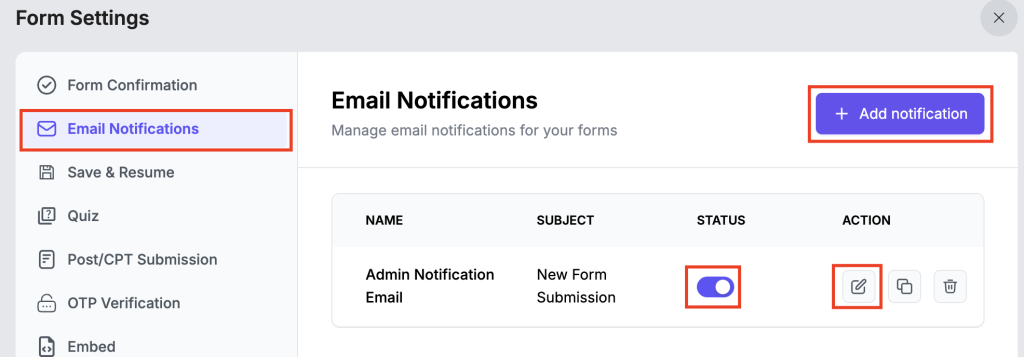 Single Form Setting 5 Email Notifications
