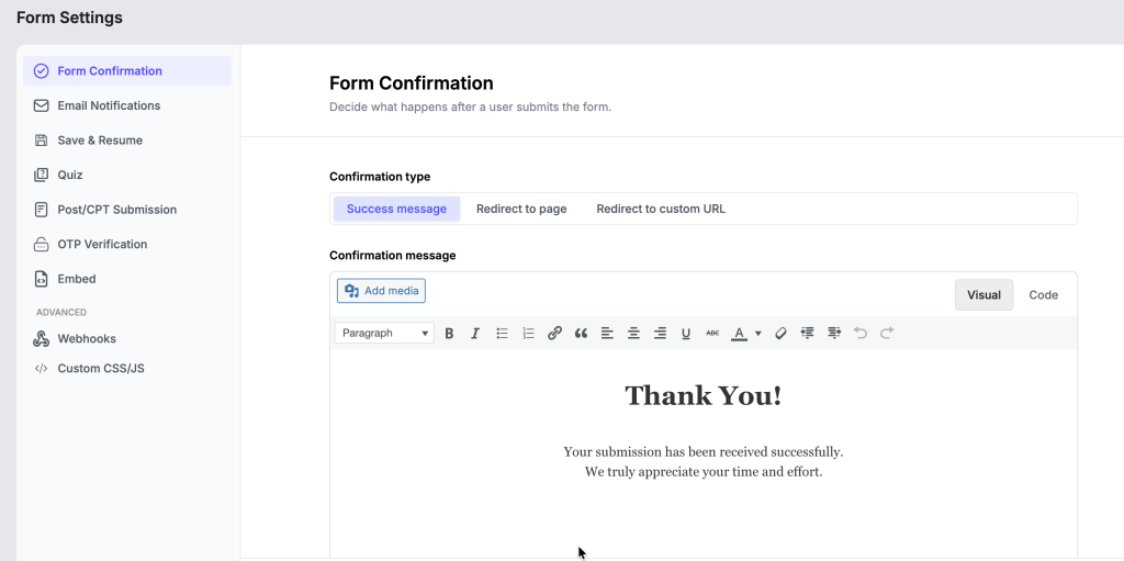 Single Form Setting 2 Form Confirmation
