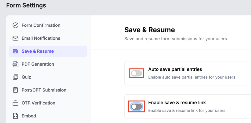 Single Form Setting 11 Save and Resume Pro