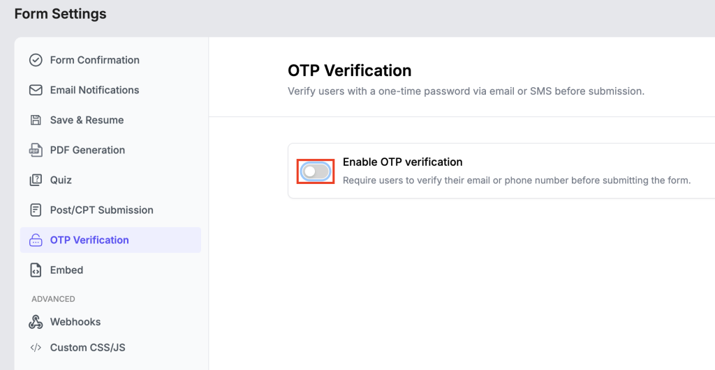 Single Form Setting 17 Toggle OTP