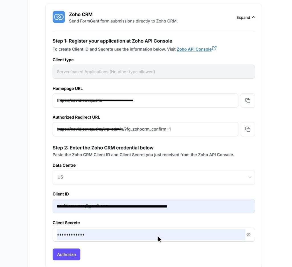 ZohoCRM Settings