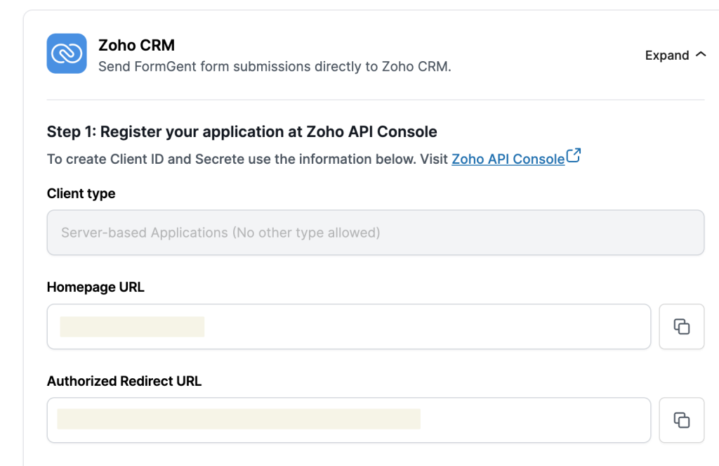 Zoho CRM Integration 2 Zoho Step 1