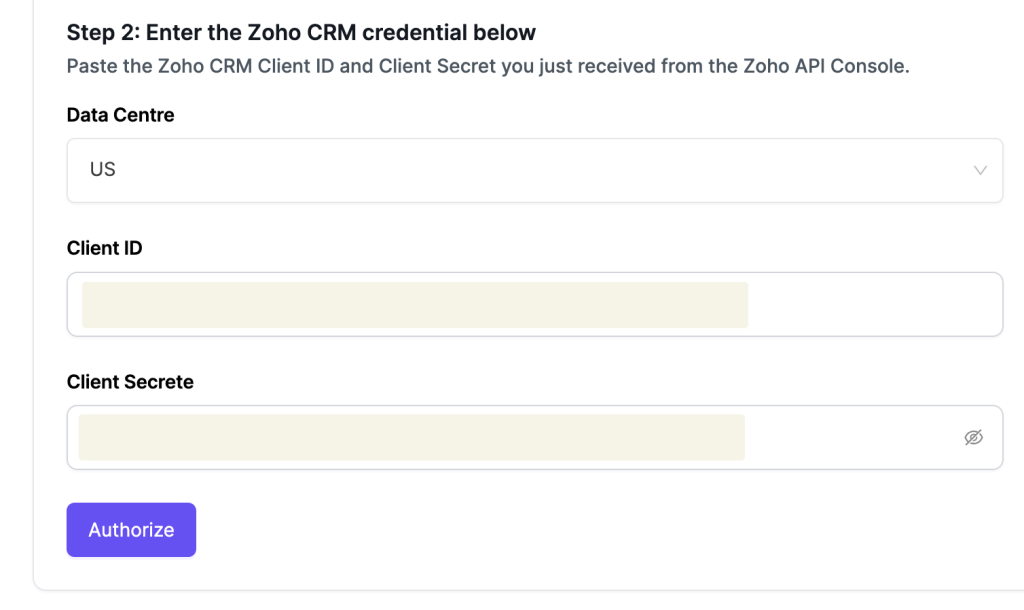 Zoho CRM Integration 4 Zoho Step 2