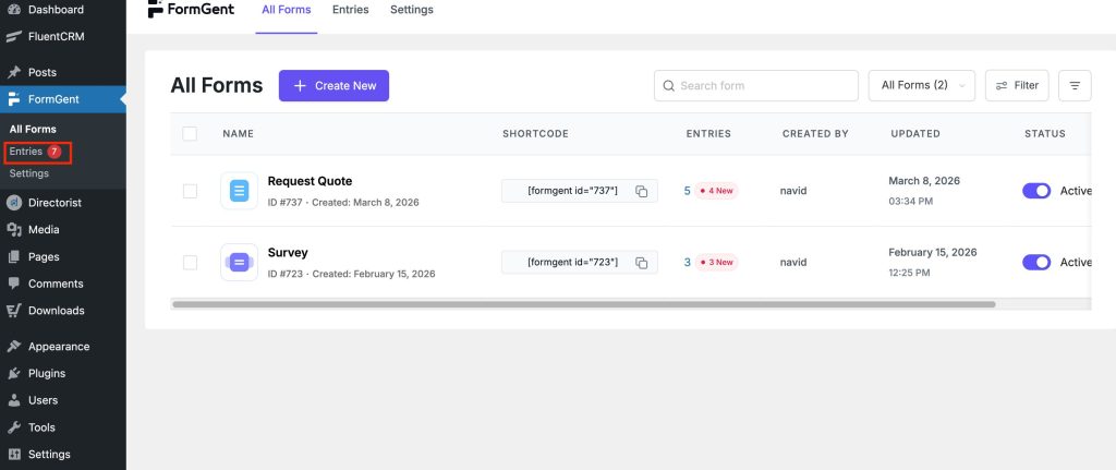 Entries Dashboard