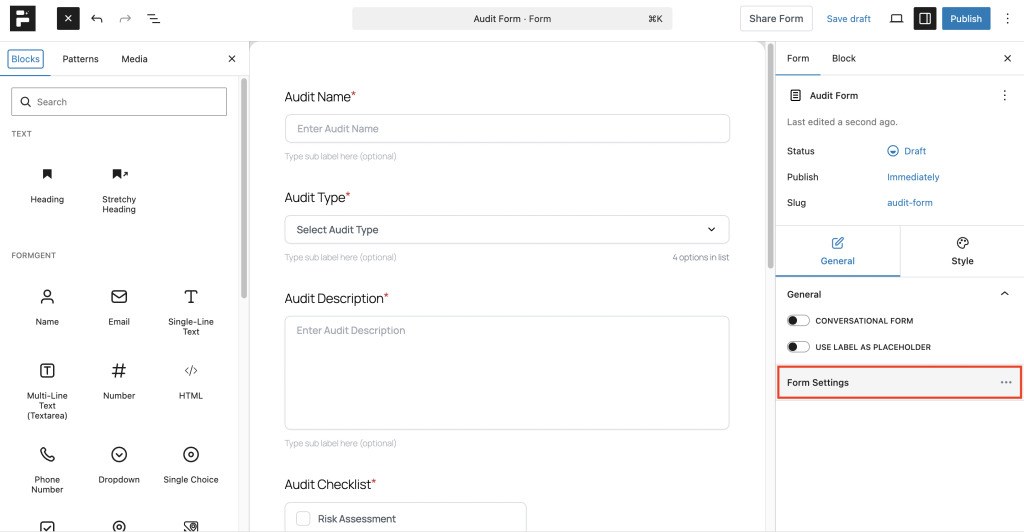 Save and Resume Later 1 Form Setting