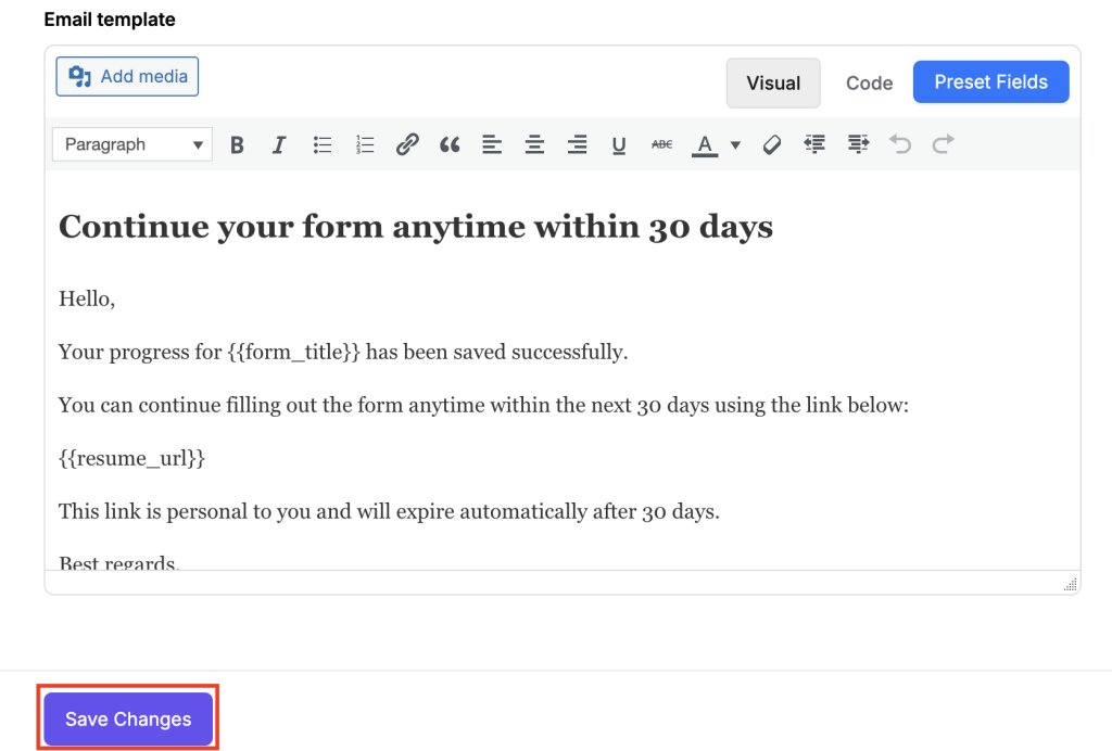 Save and Resume Later 7 Save Changes