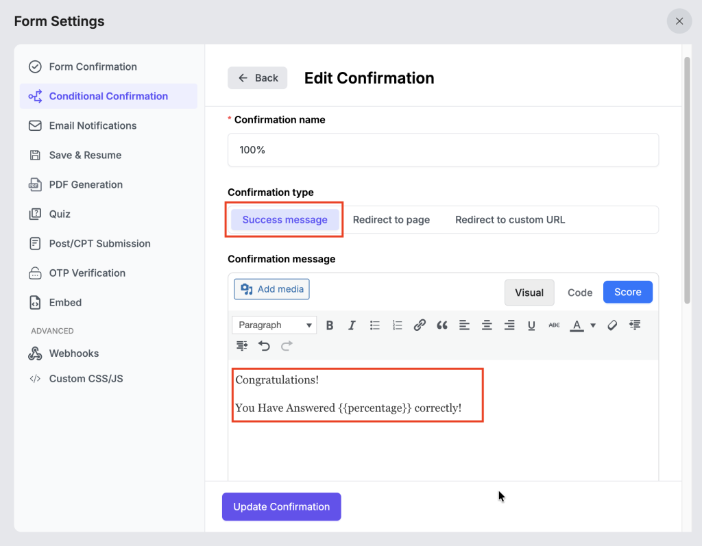 Conditional Confirmation 4 Success Message