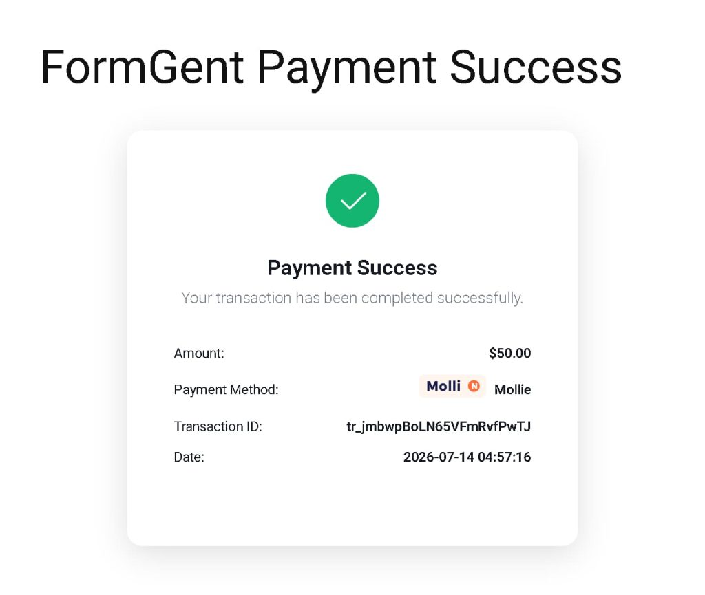 Mollie Payment Gateway 8 Confirm FormGent shows the expected result