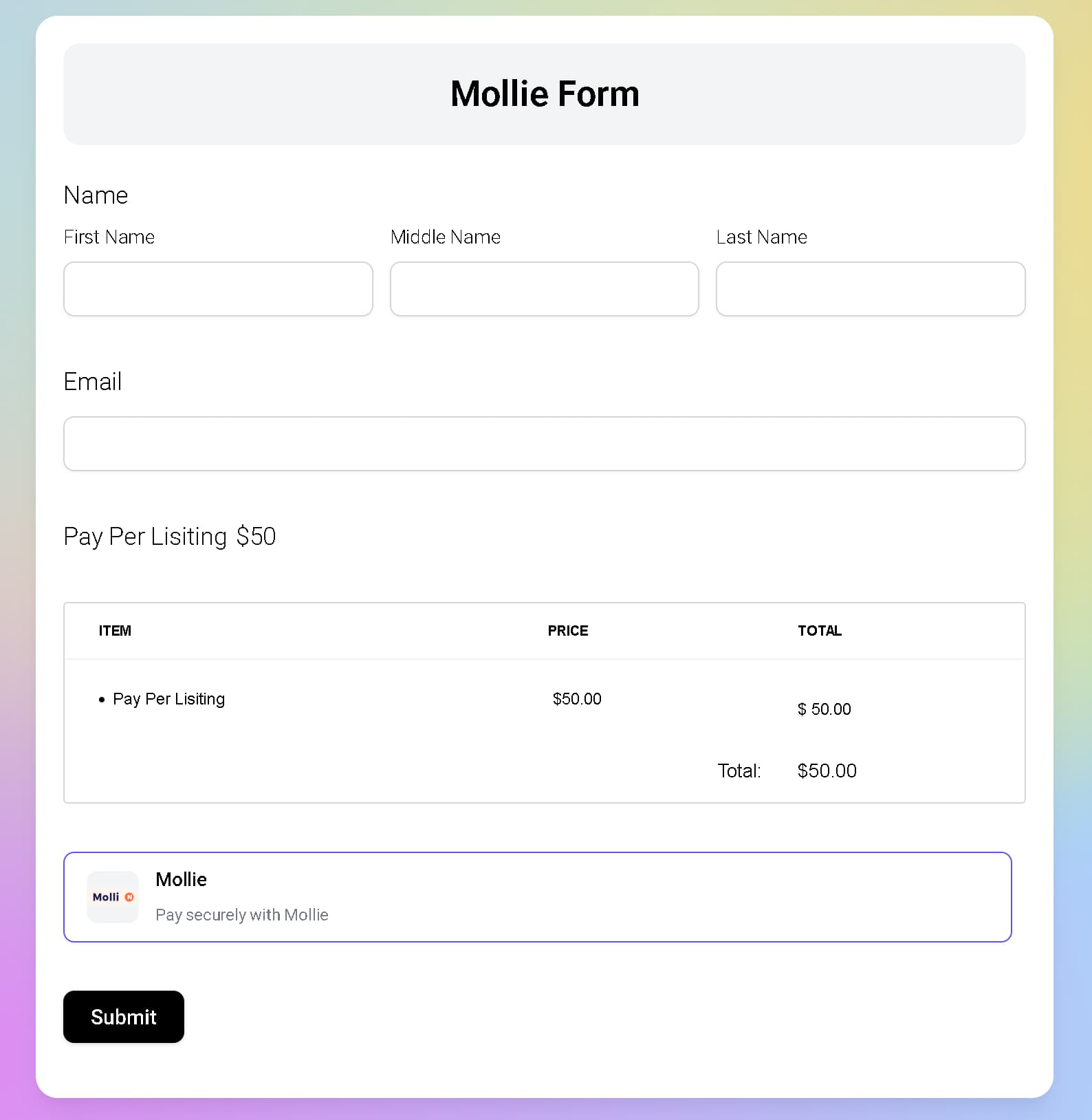 Mollie Payment Gateway 5 Submit the form as a customer