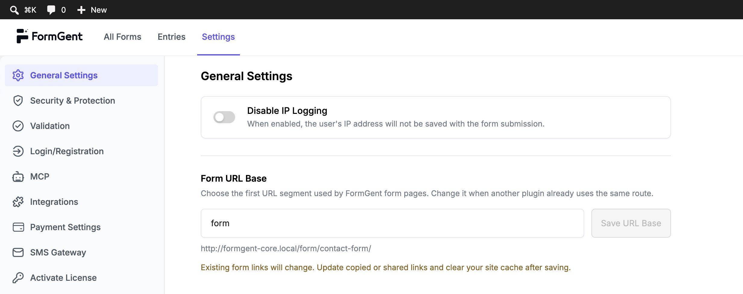 Configuring FormGent: First Steps 2 02 general settings with ip logging and form url options edited 1