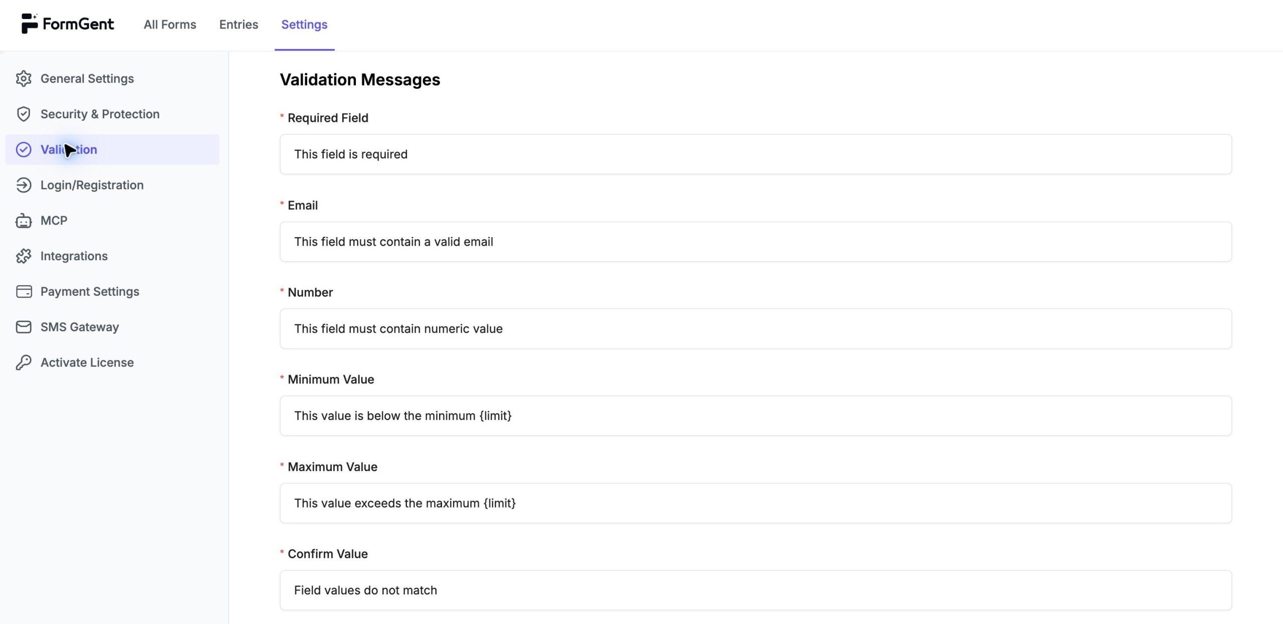 Configuring FormGent: First Steps 4 04 validation message settings edited scaled