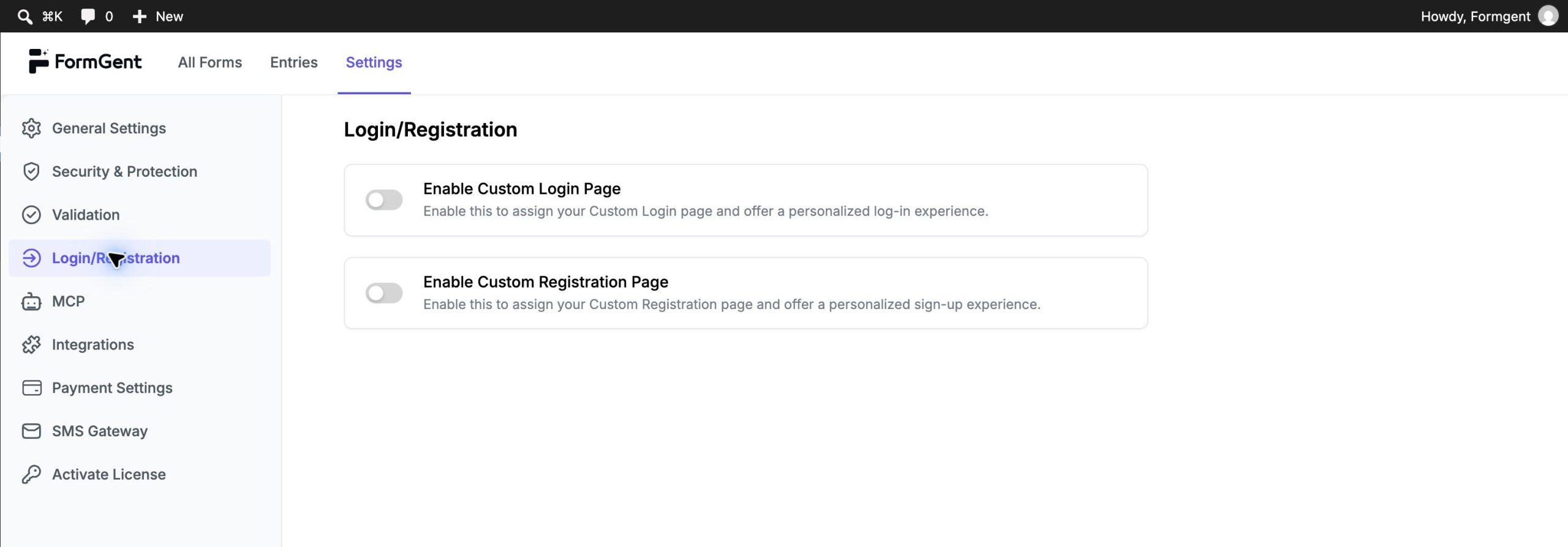 Configuring FormGent: First Steps 5 05 login and registration settings edited scaled