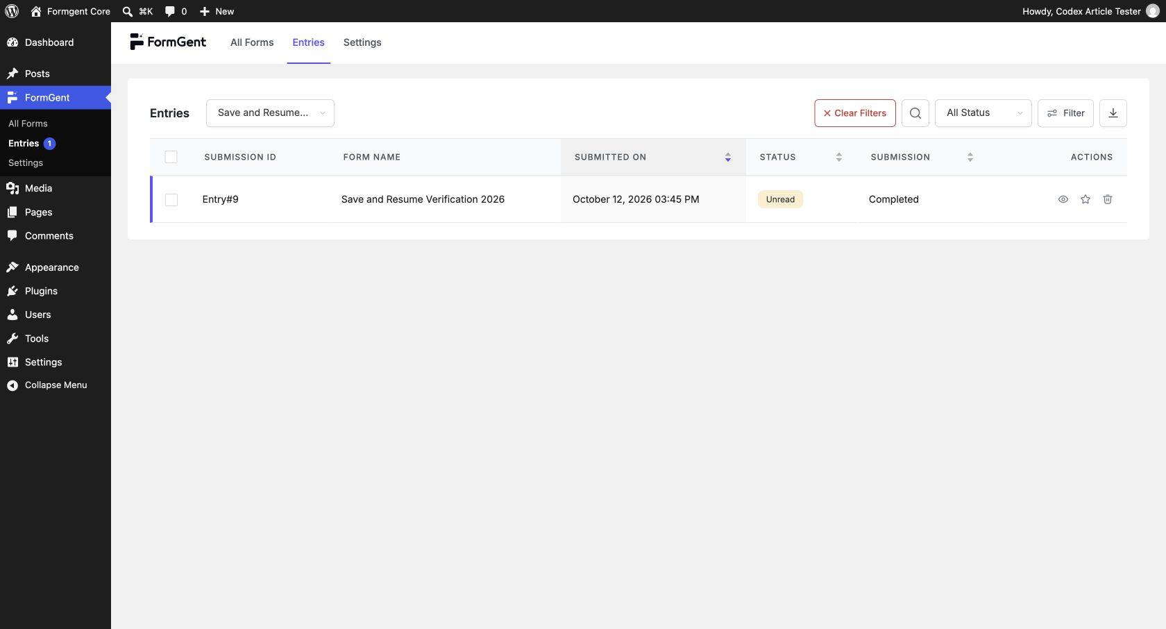 formgent completed entry