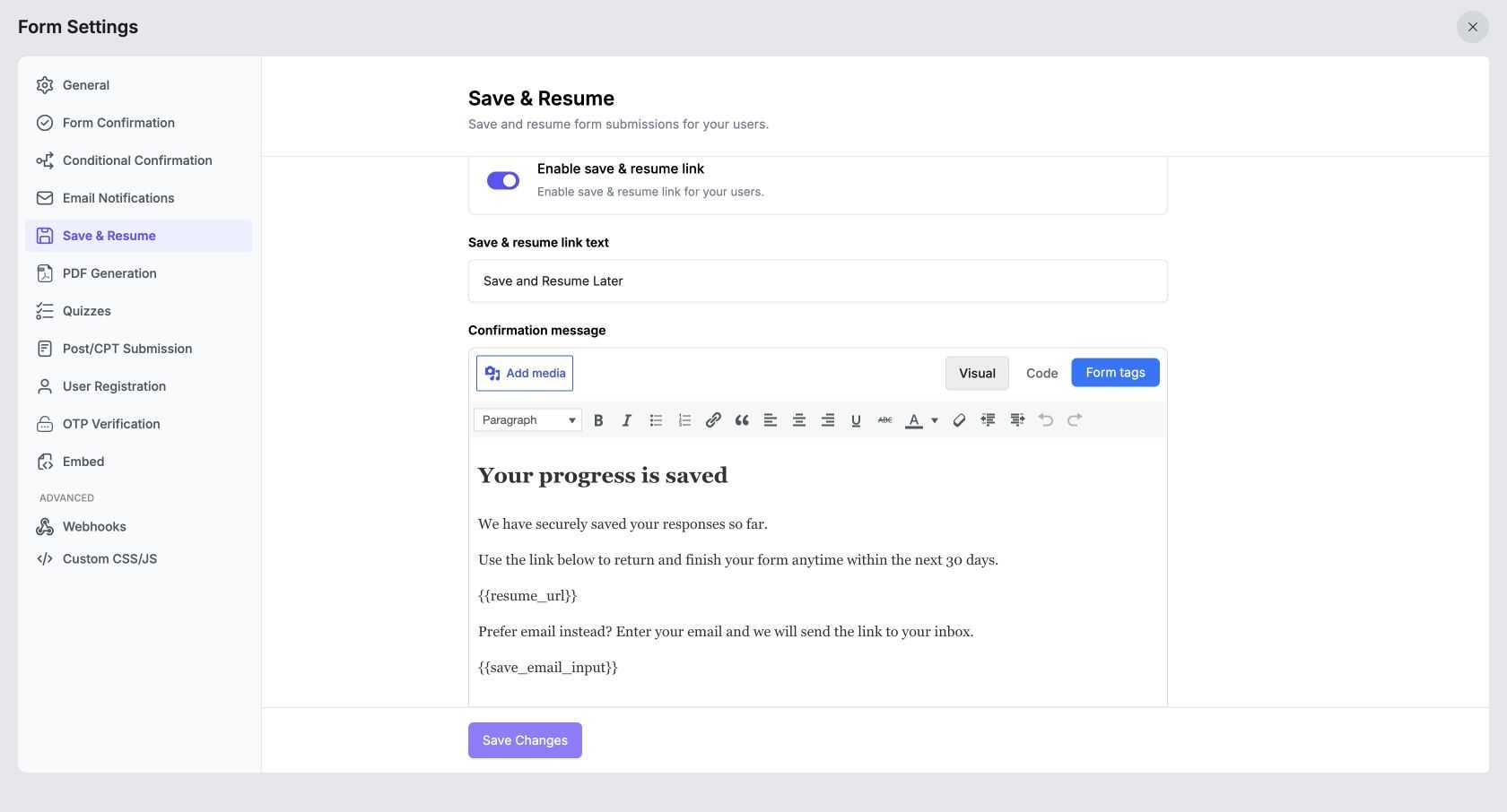 formgent resume message settings