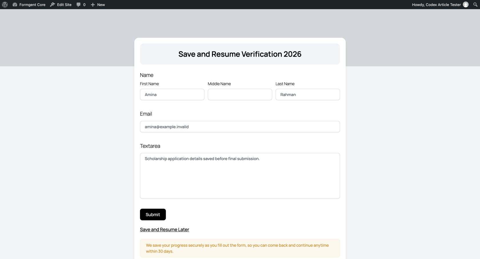 formgent resumed form values