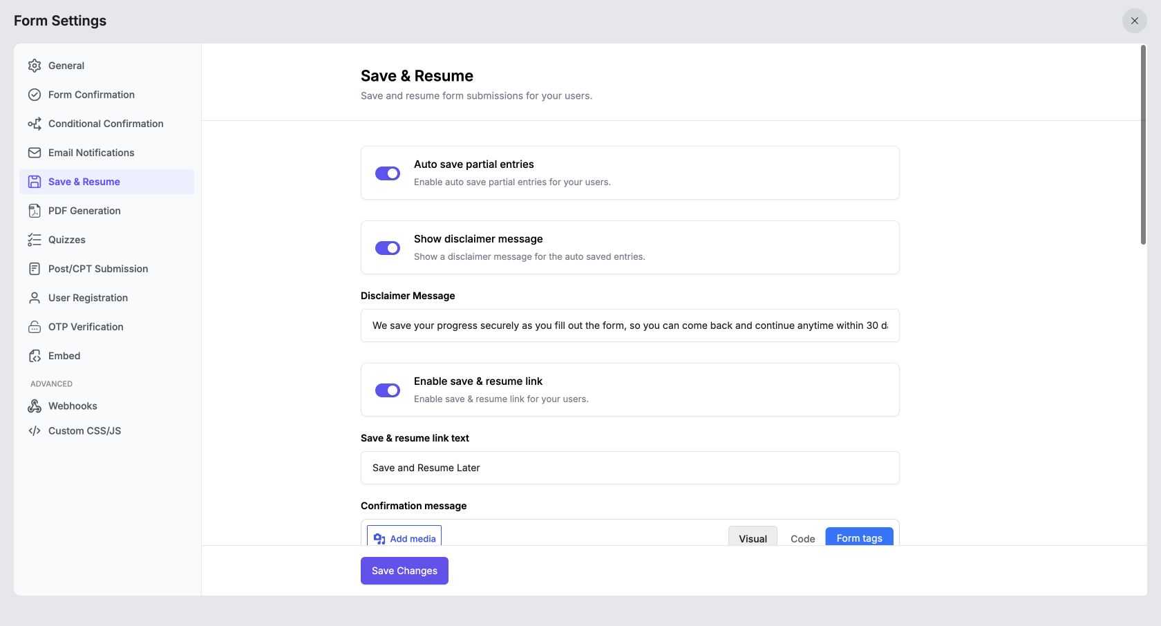 save and resume WordPress forms
