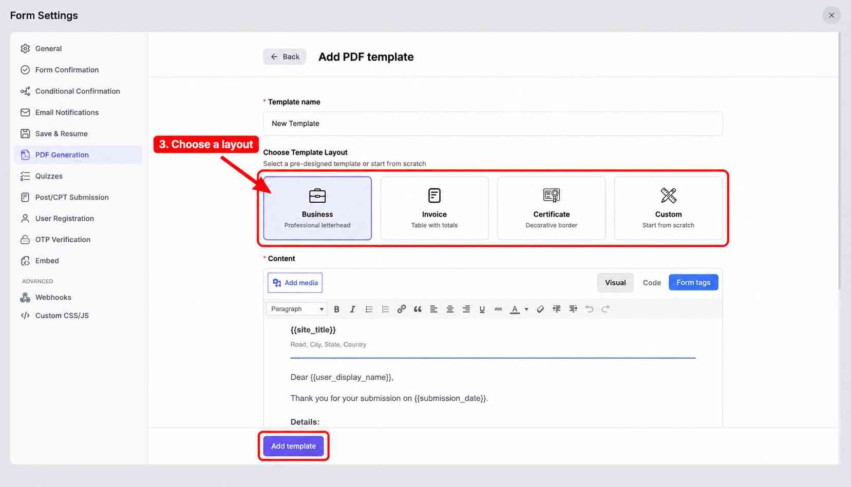 How to Convert WordPress Form Submissions to PDF Automatically 4 step 03 add pdf template annotated