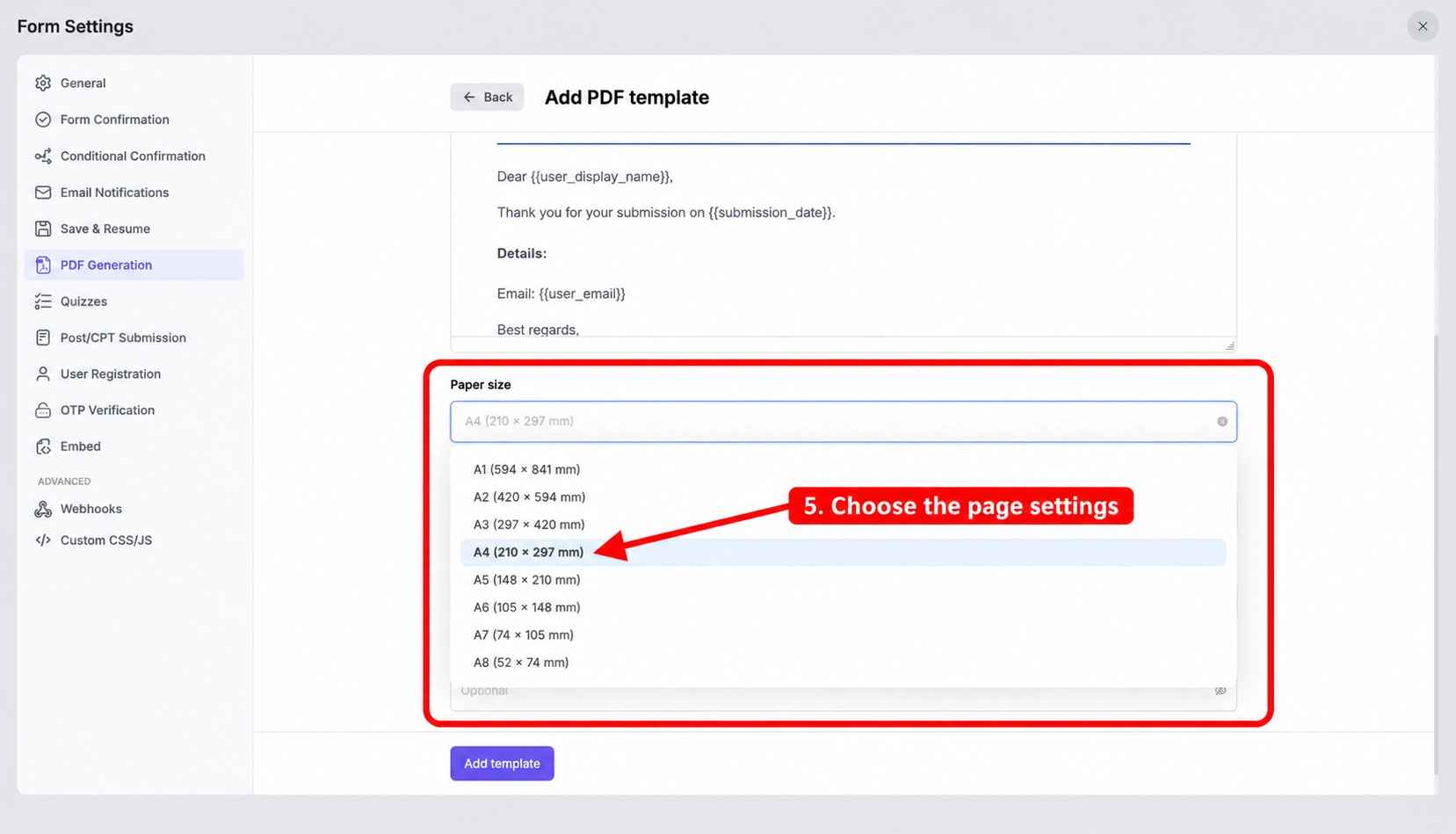 How to Convert WordPress Form Submissions to PDF Automatically 6 step 05 choose pdf settings annotated